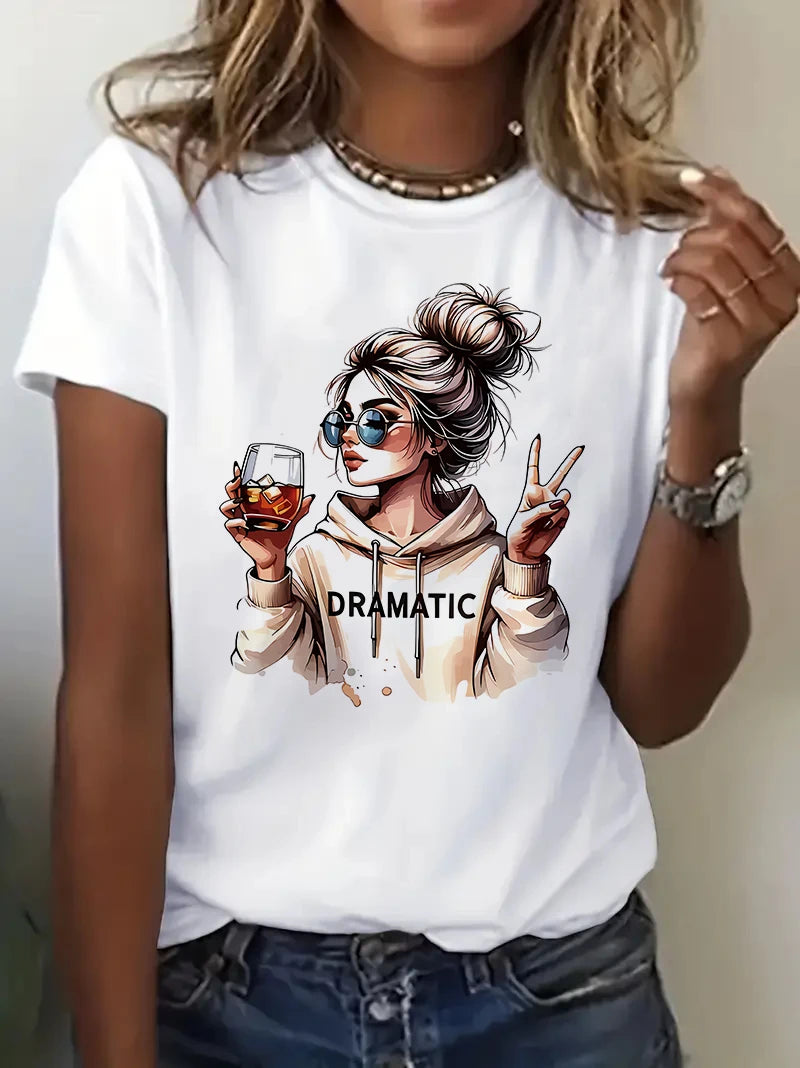 Streetwear 90s Women'S Casual Graphic T-Shirt "Dramatic" Print with Wine Print Short Sleeve T Shirt Clothing Top Tee